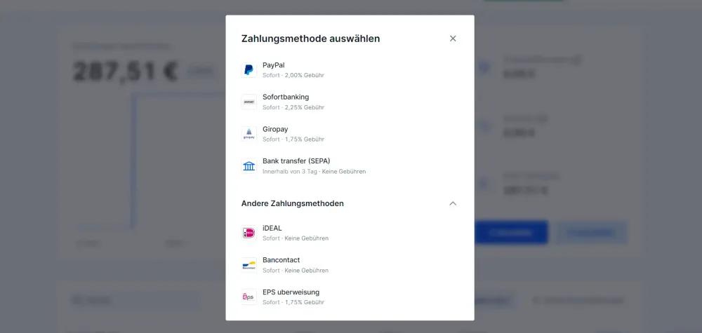Wähle die SEPA-Banküberweisung, um keine Kosten bei der Euro-Einzahlung zu haben.
