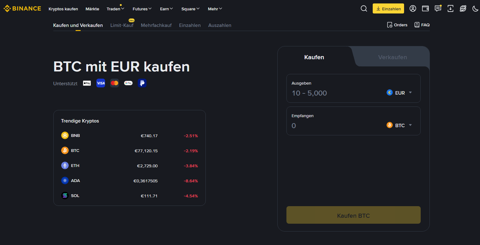 Der Kauf von Kryptowährungen auf Binance ist unkompliziert.