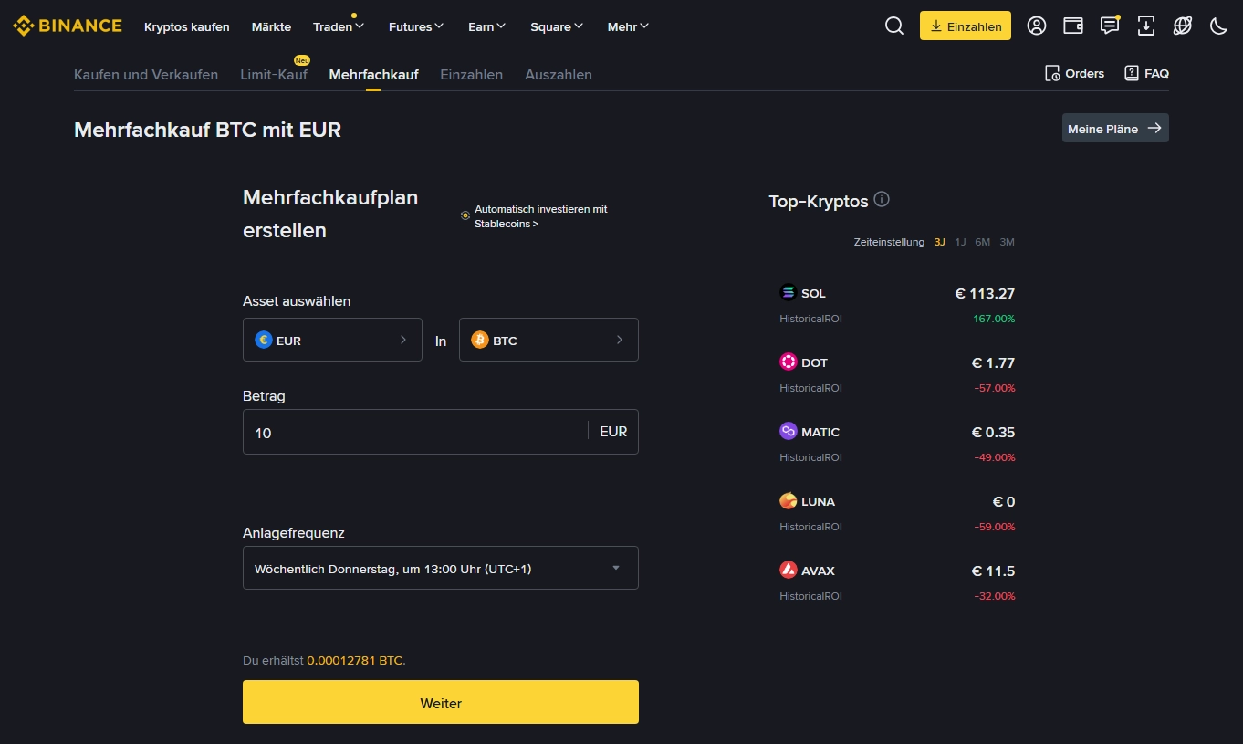 Die Sparplan-Funktion ist flexibel anpassbar bei Binance.