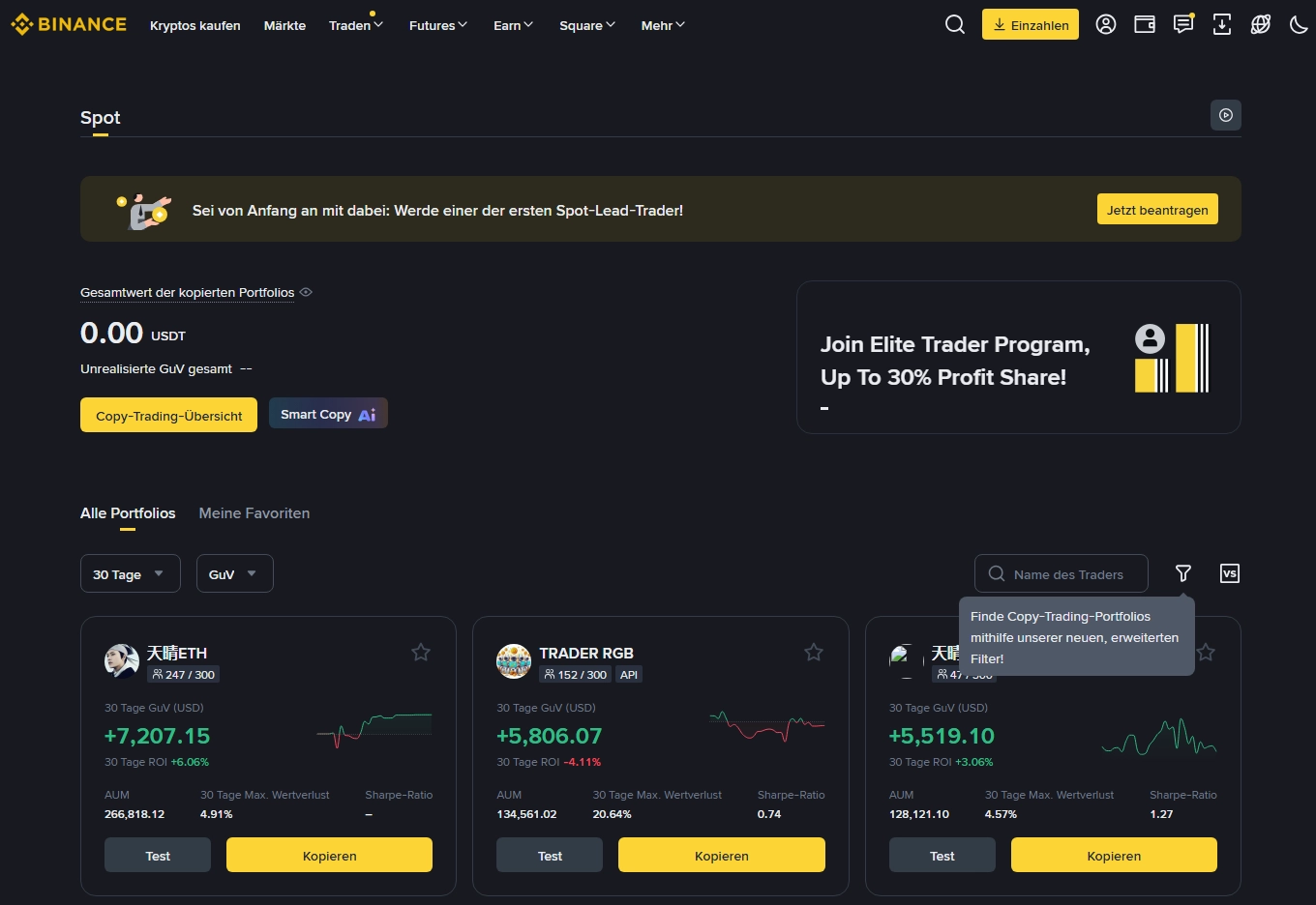 Eines der Zusatzfeatures bei Binance ist etwa das umfangreiche Copy Trading Programm.