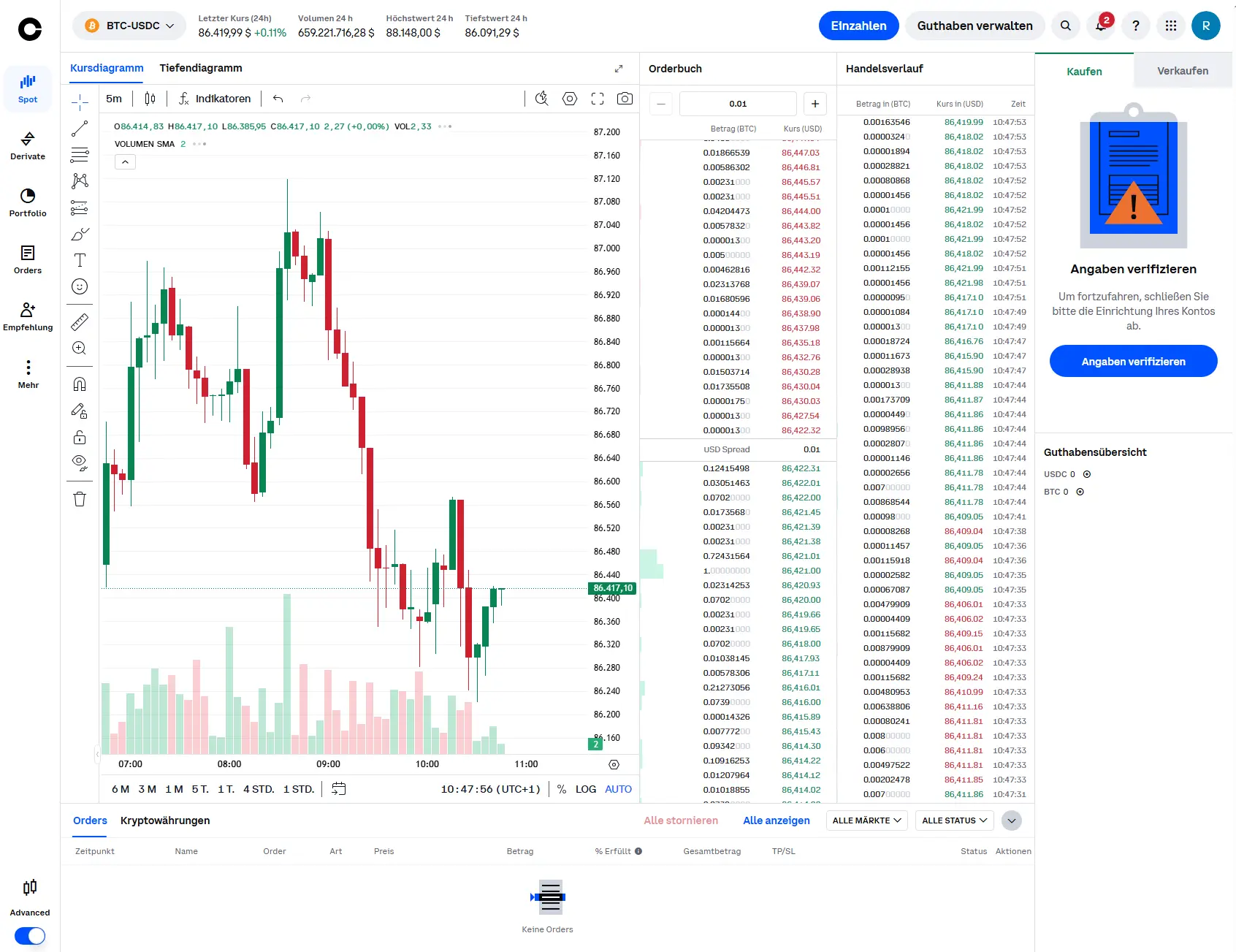 Mit nur einem Klick kannst du von der Standardansicht auf Coinbase Advanced wechseln. 