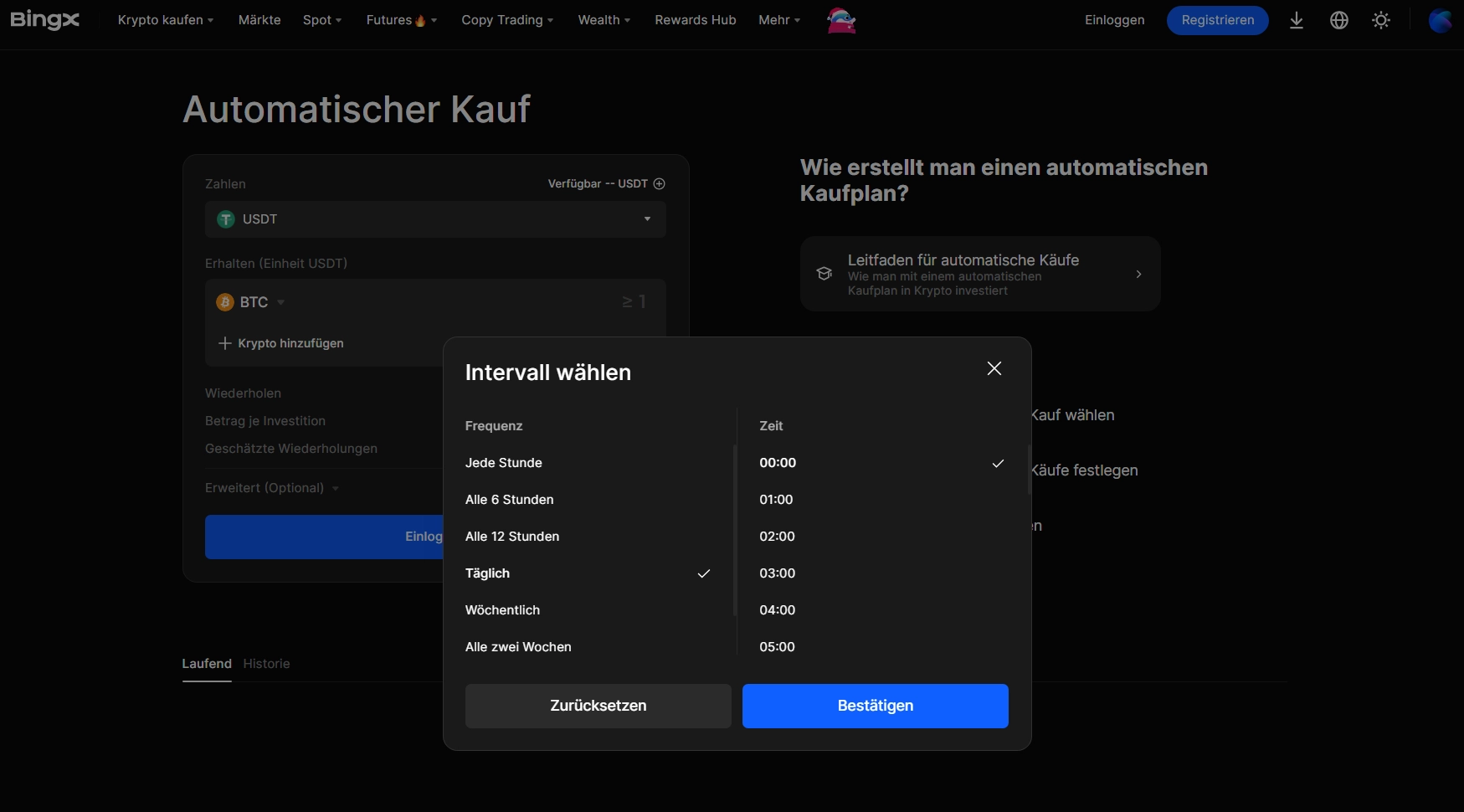 Inzwischen bietet BingX auch eine einfache Funktion, mit der du einen Sparplan anlegen und diesen individualisieren kannst.