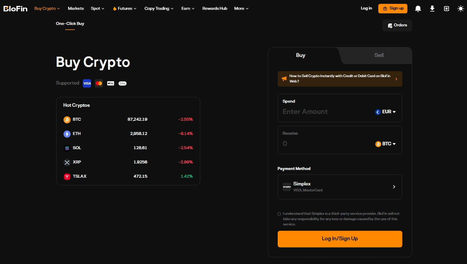 Neben dem Handel mit Krypto Futures kannst du bei BloFin auch physische Kryptowährungen kaufen. 