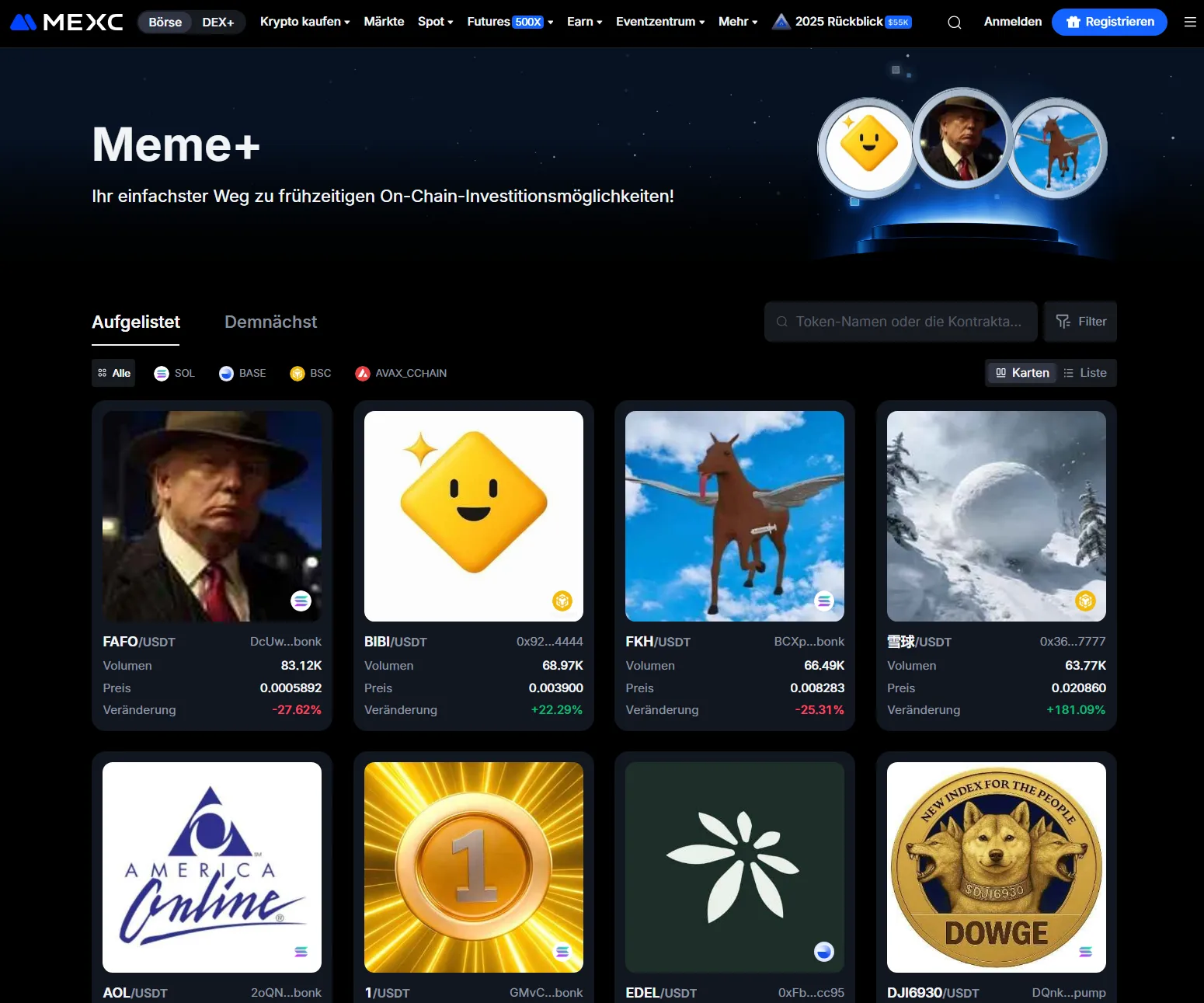 Zu den Stärken von MEXC zählen die schnellen Listings von neuen Meme Coins. Die allgemein große Auswahl an Kryptowährungen rundet das Bild ab. 