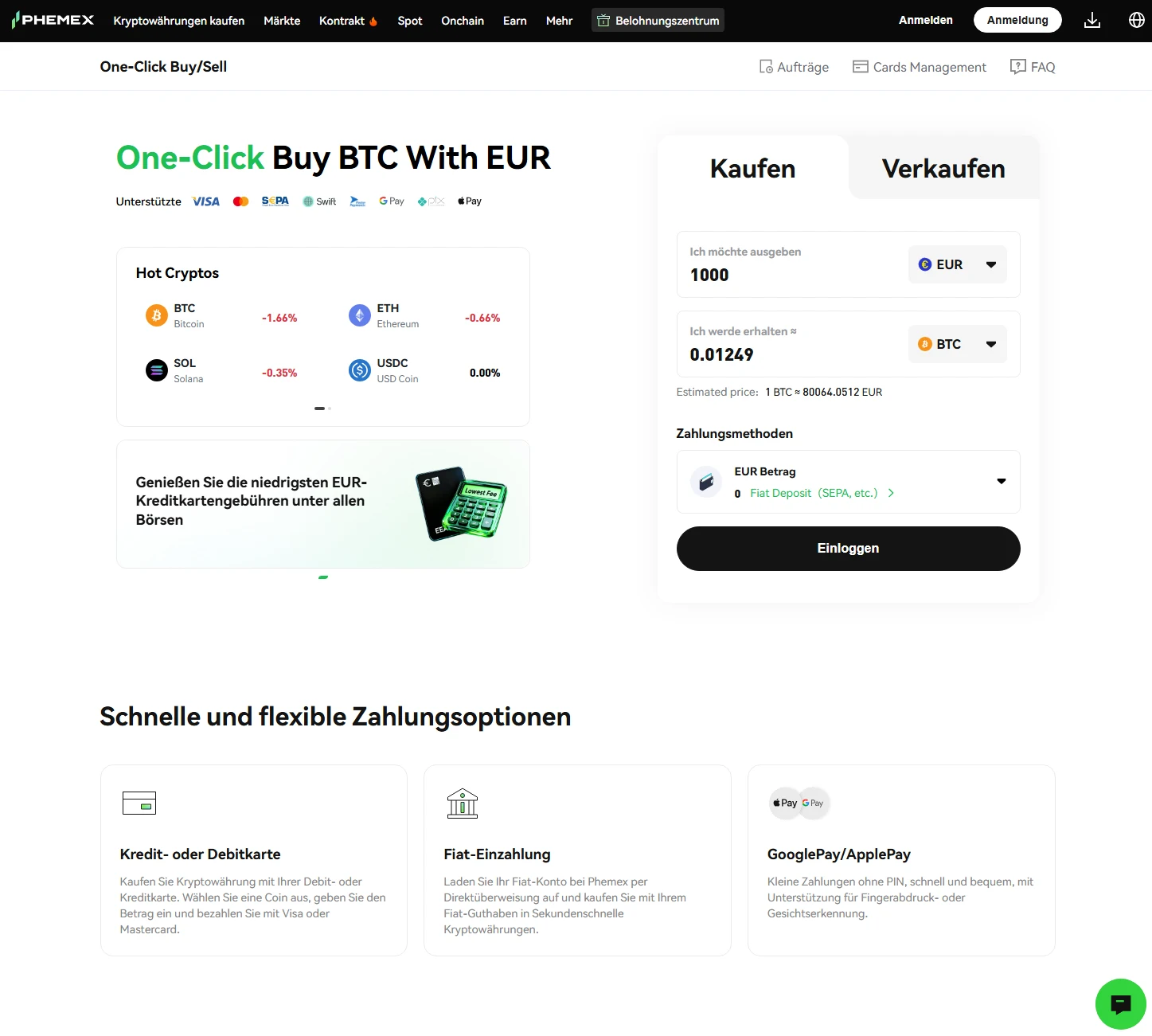 Nebst Trading bietet Phemex auch die Möglichkeit, einfach und unkompliziert Kryptowährungen zu kaufen. 