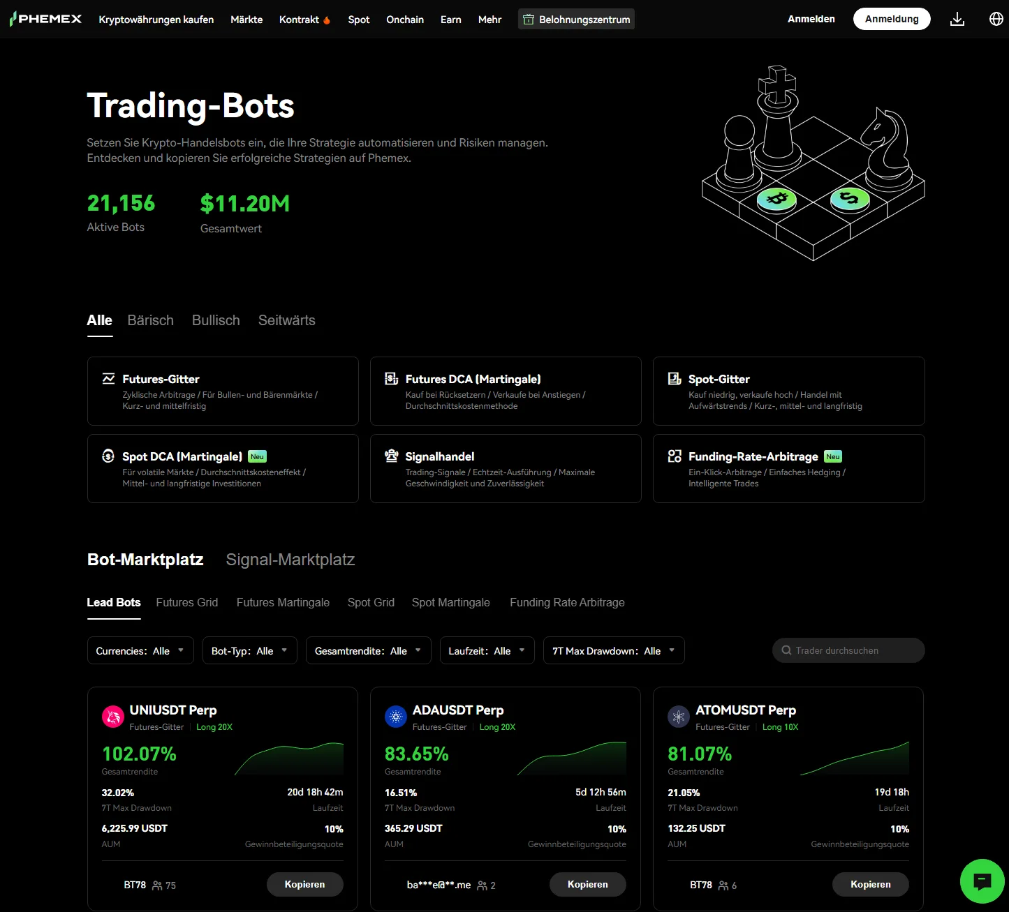 Zur Auswahl stehen bei Phemex außerdem zahlreiche Trading-Bots. 