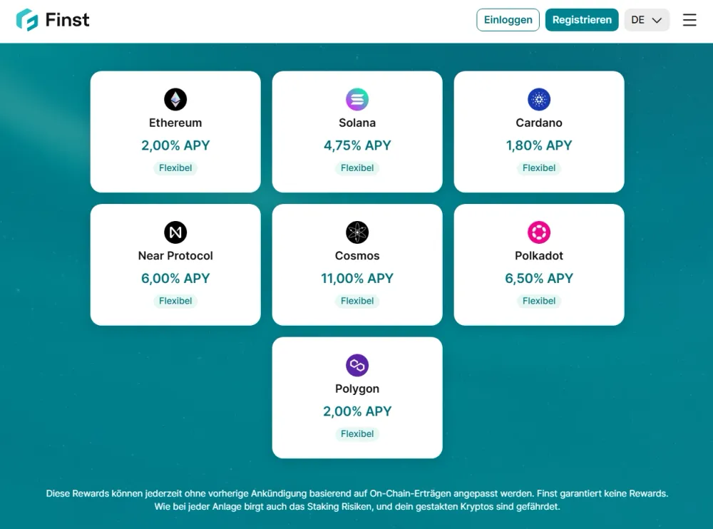 Das Staking-Feature von Finst ist attraktiv und die möglichen Reward-Raten (APY) werden übersichtlich dargestellt - beachte jedoch, dass die Staking-Rewards schwanken können. 