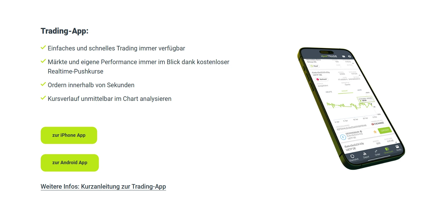 Neben dem Desktop-Handel steht auch eine JustTrade App zur Verfügung. 