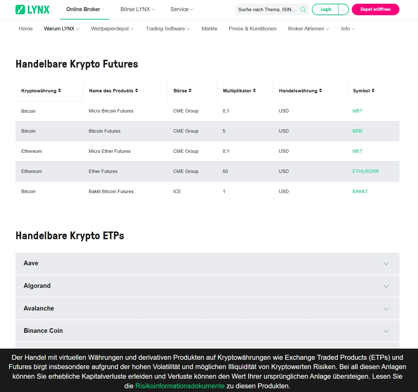 Lynx ermöglicht den Handel mit Krypto Futures und Krypto ETPs. 