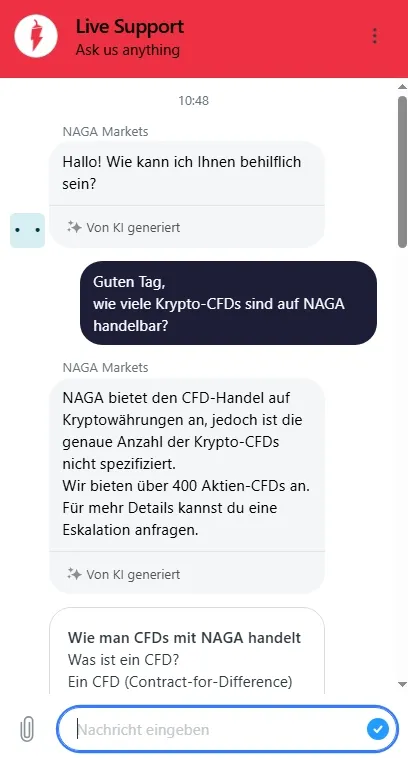 Der KI-Chatbot von NAGA war in meinem Test kaum eine Hilfe – Die Kommunikation mit einem Mitarbeiter lief hingegen erfreulicher. 