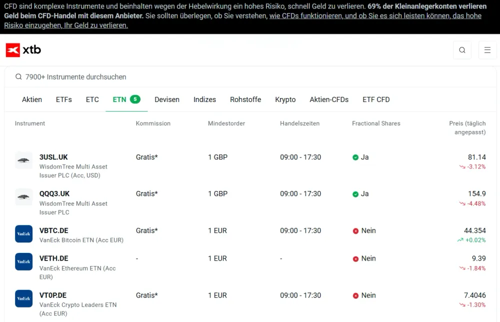 Es gibt eine Auswahl handelbarer Crypto-ETNs bei XTB. 