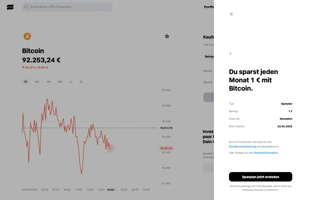 In meinem Test habe ich mich für einen Bitcoin Sparplan bei Trade Republic entschieden – Die Einrichtung ist einfach und kann per App oder in der Webversion erfolgen. 