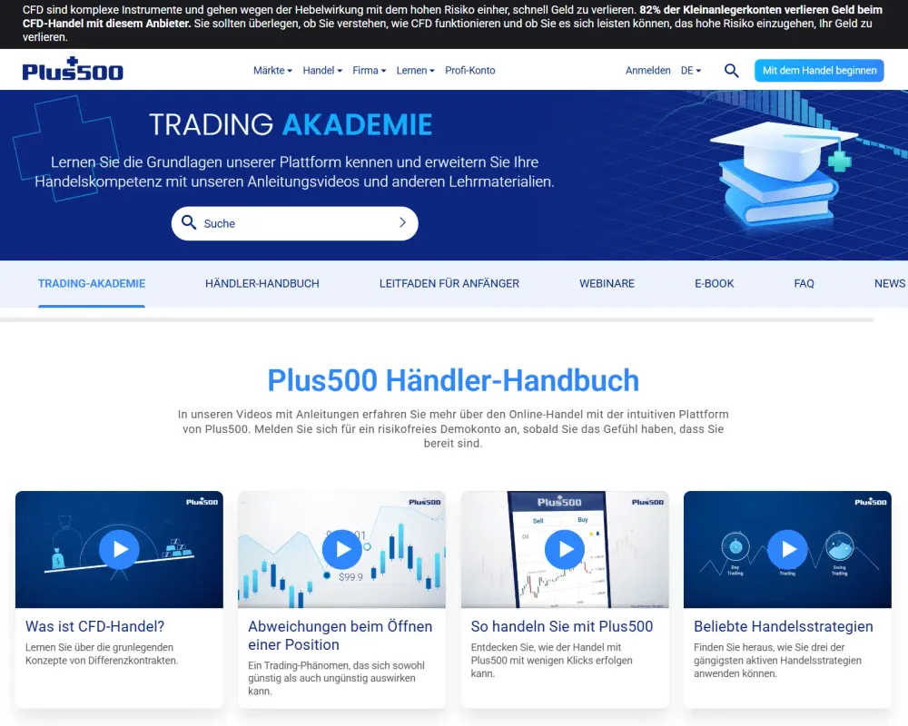 Plus500 punktet mit zahlreichen Webinaren und einem umfangreichen Wissensbereich – ideal für Trading-Anfänger. 