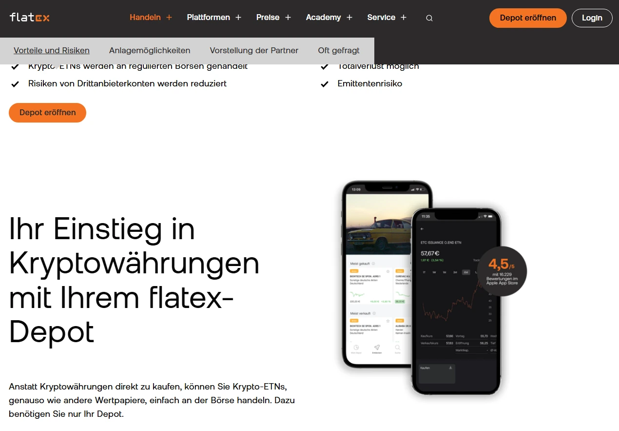 Neben dem Kauf echter Coins ermöglicht Flatex auch den Handel mit Krypto-ETPs. 