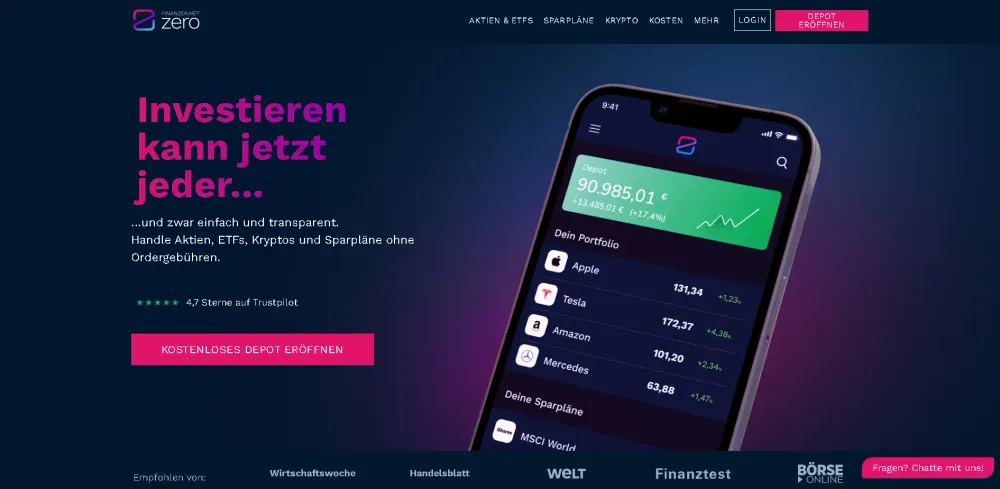 Die Benutzeroberfläche von finanzen.net ZERO ist übersichtlich gestaltet.
