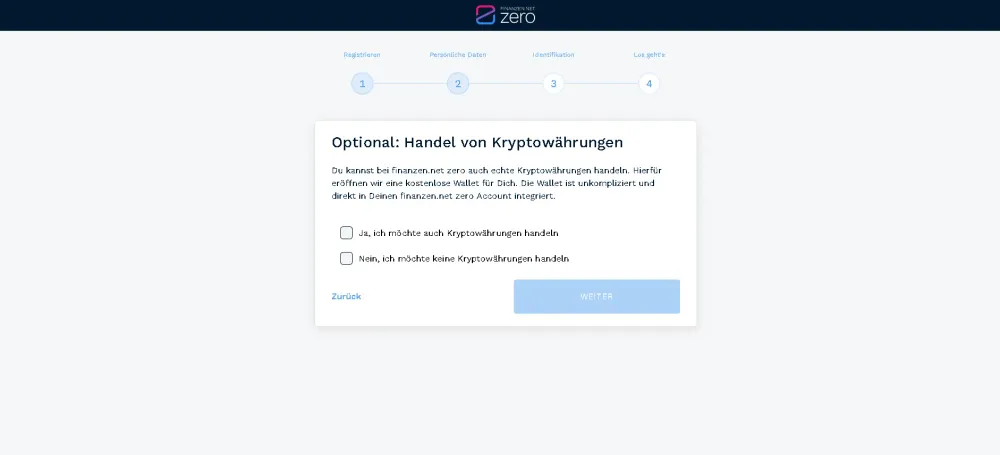 Falls Du Kryptowährungen handel möchtest, setze an dieser Stelle den entsprechenden Haken.
