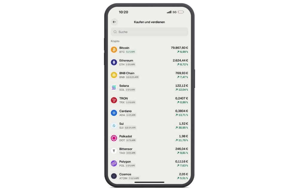 Die Krak App zeigt hier die potenziellen APR-Erträge für unterschiedliche Kryptowährungen an. 