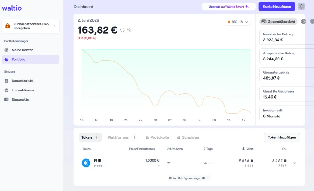 Die Portfolio-Tracking-Funktion von Waltio gefällt mir gut: Sie ist kostenlos nutzbar, übersichtlich dargestellt und zeigt auch die Gebühren, die bei den einzelnen Trades angefallen sind.