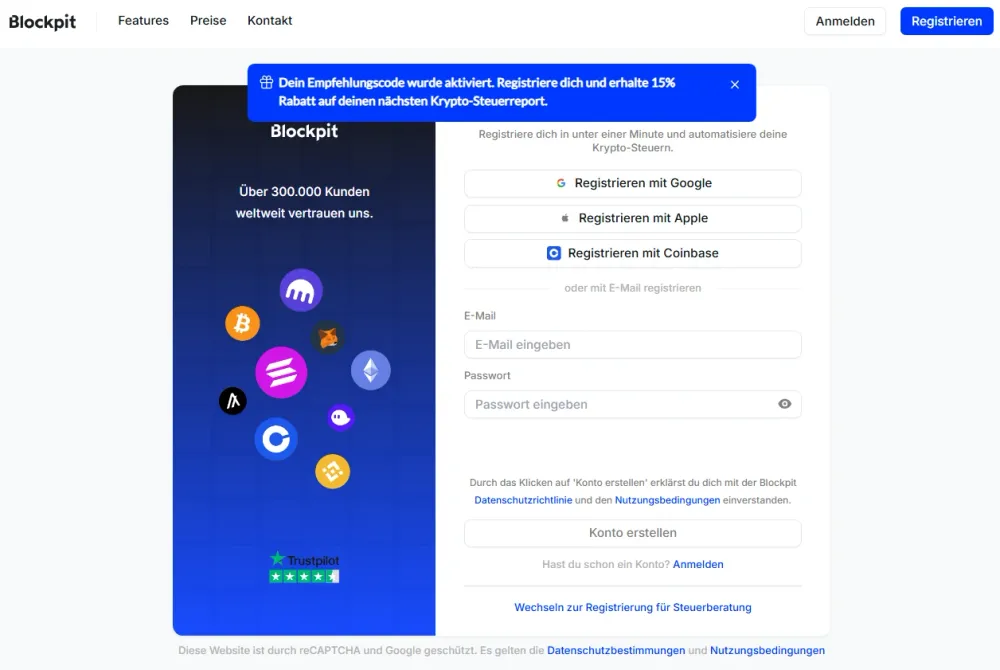 Die Registrierung bei Blockpit geht schnell und einfach von der Hand. 