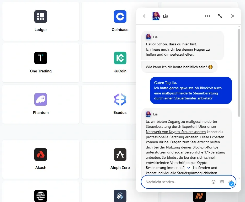 Der Chatbot von Blockpit ist die erste Anlaufstelle für Fragen aller Art – in meinem Test hat sich dieser als sehr hilfreich erwiesen. 