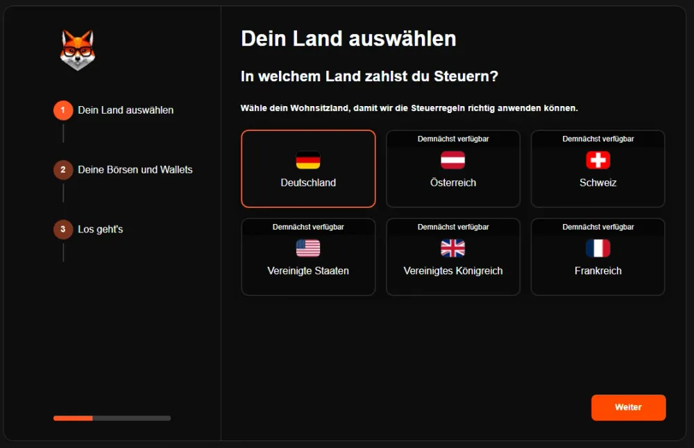 Im Rahmen der Anmeldung bei Coinfox gibst du das Land ein, in dem du steuerpflichtig bist. 