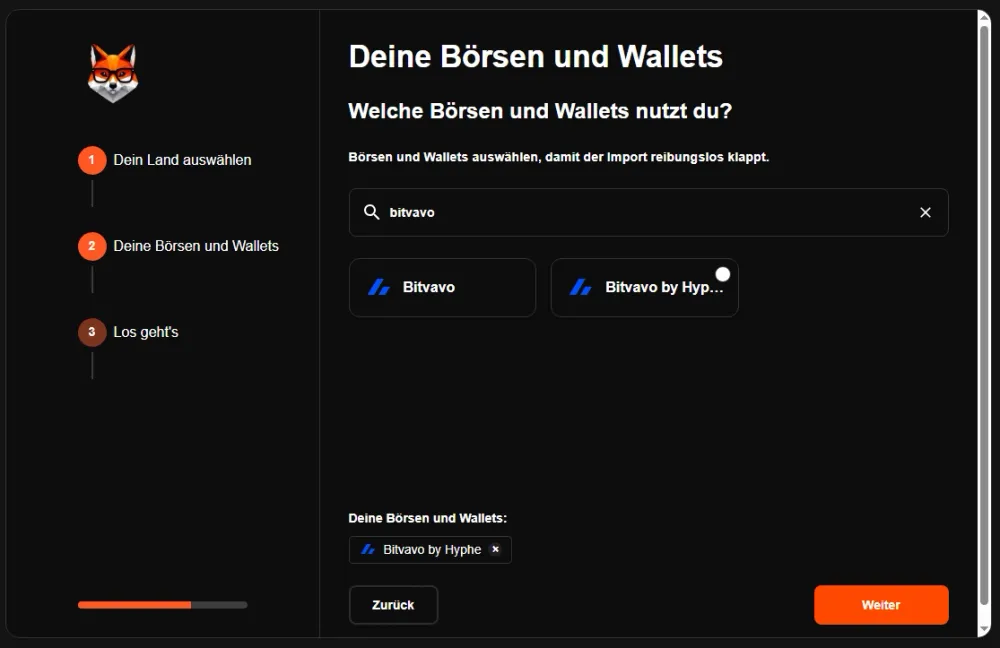 Zunächst wählst du deine Börsen und Wallets aus – bei der Integration kannst du wenig falsch machen, da dich Coinfox Schritt-für-Schritt durch sämtliche Prozesse führt. 