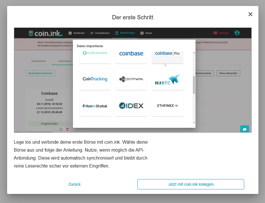 Die Einrichtung bei Coin.ink geht einfach und schnell von der Hand. Das Dashboard selbst scheint jedoch veraltet und es ist kaum ersichtlich, ob die Funktionalität überhaupt noch gegeben ist. 