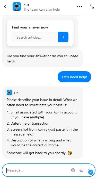 Der Chatbot von Koinly ist hilfreich und antwortet prompt – auf eine Nachricht des Support-Teams musst du hingegen womöglich deutlich länger warten. 
