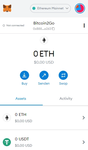 Unter unserem Account-Namen »Bitcoin2Go« sehen wir unsere ERC20-Adresse.