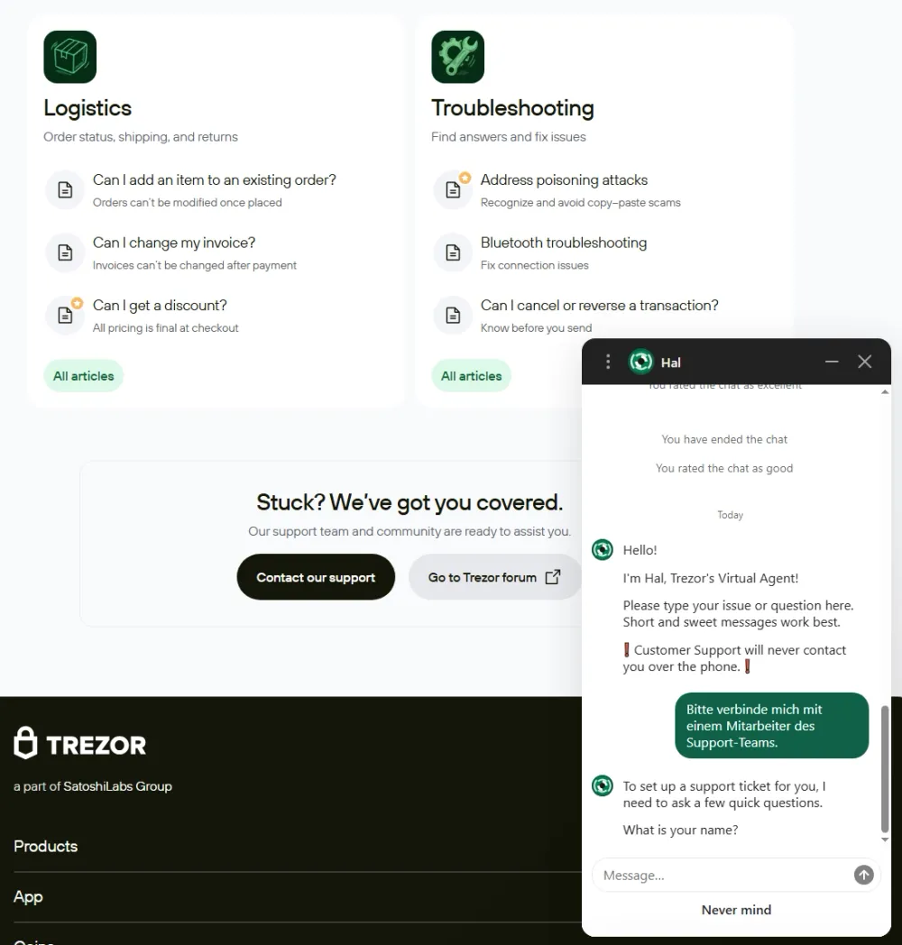 Der Chatbot von Trezor ist die erste Anlaufstelle für Fragen aller Art.
