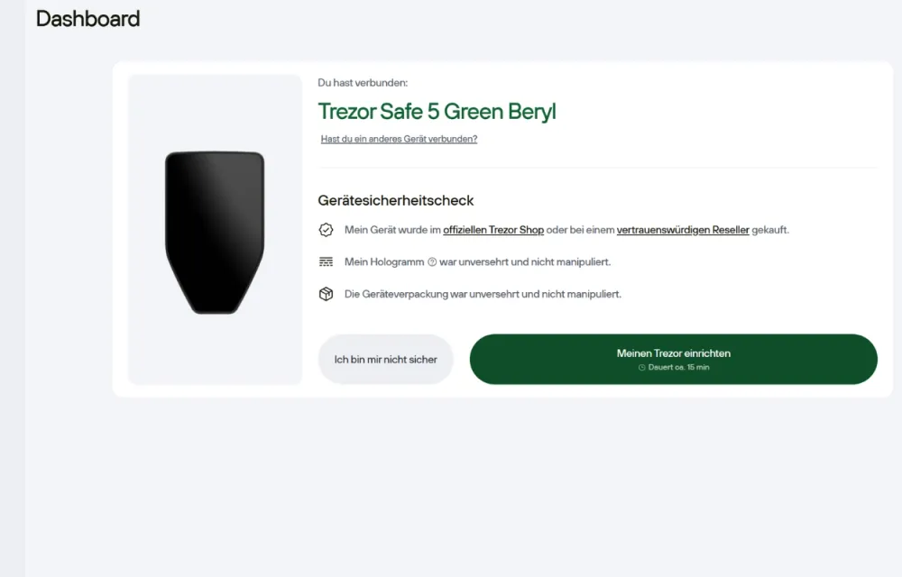 Für die Einrichtung deines Trezor Safe 5 solltest du etwa 15 Minuten einplanen. 