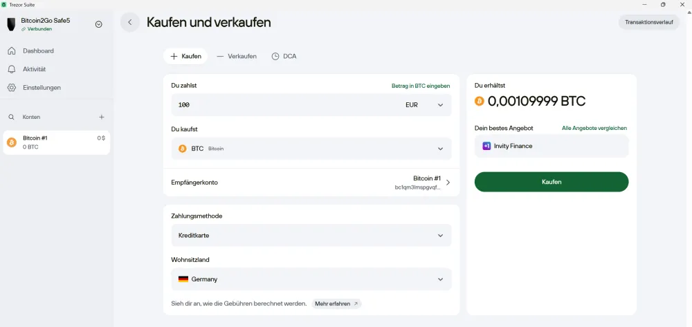 Sobald die Einrichtung abgeschlossen ist, kannst du in der Trezor-Suite Kryptowährungen kaufen und verkaufen. Die Oberfläche ist klar designed und modern.
