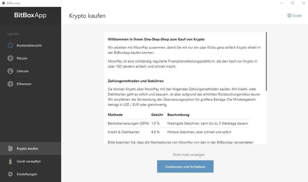 Optional können Kryptowährungen direkt über die BitBox App gekauft werden. 