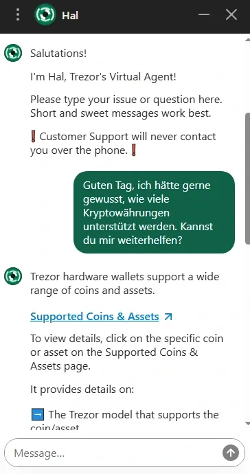 Der Chatbot von Trezor hat sich in der Praxis als äußerst hilfreich erwiesen.
