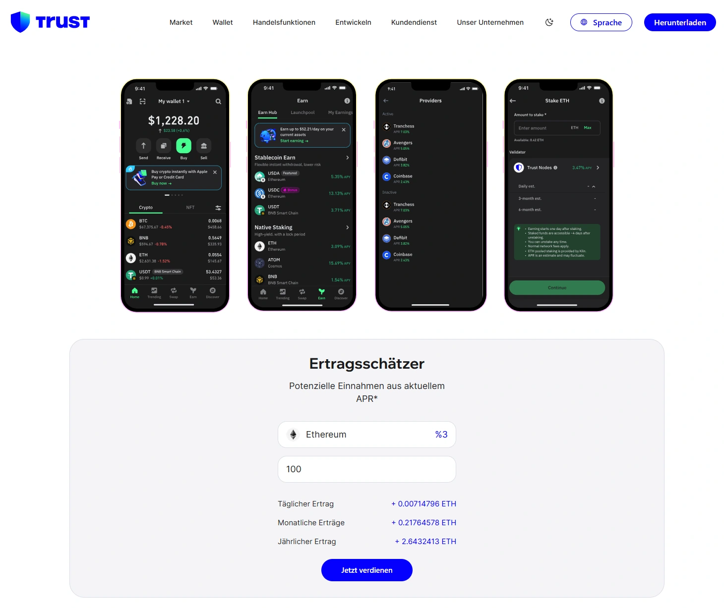 Die Trust Wallet punktet mit vielen Zusatzfunktionen, darunter etwa Staking.