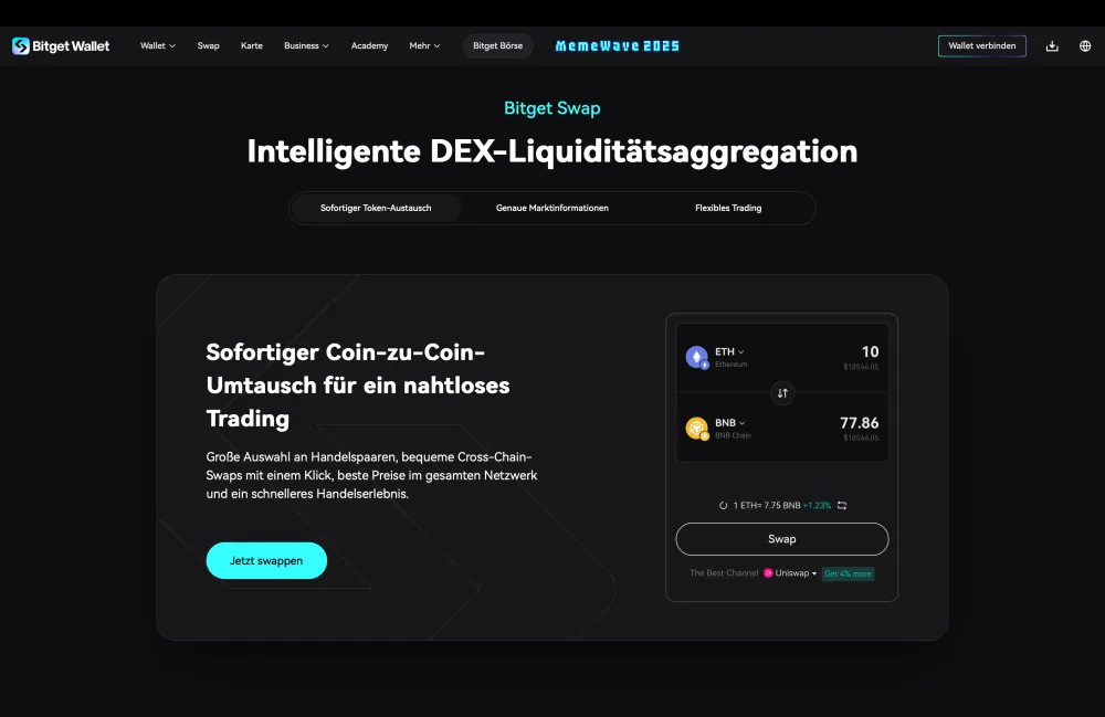 Mit der integrierten Funktion "Bitget Swap" kannst du sofort Kryptowährungen auf dezentralen Börsen handeln. 
